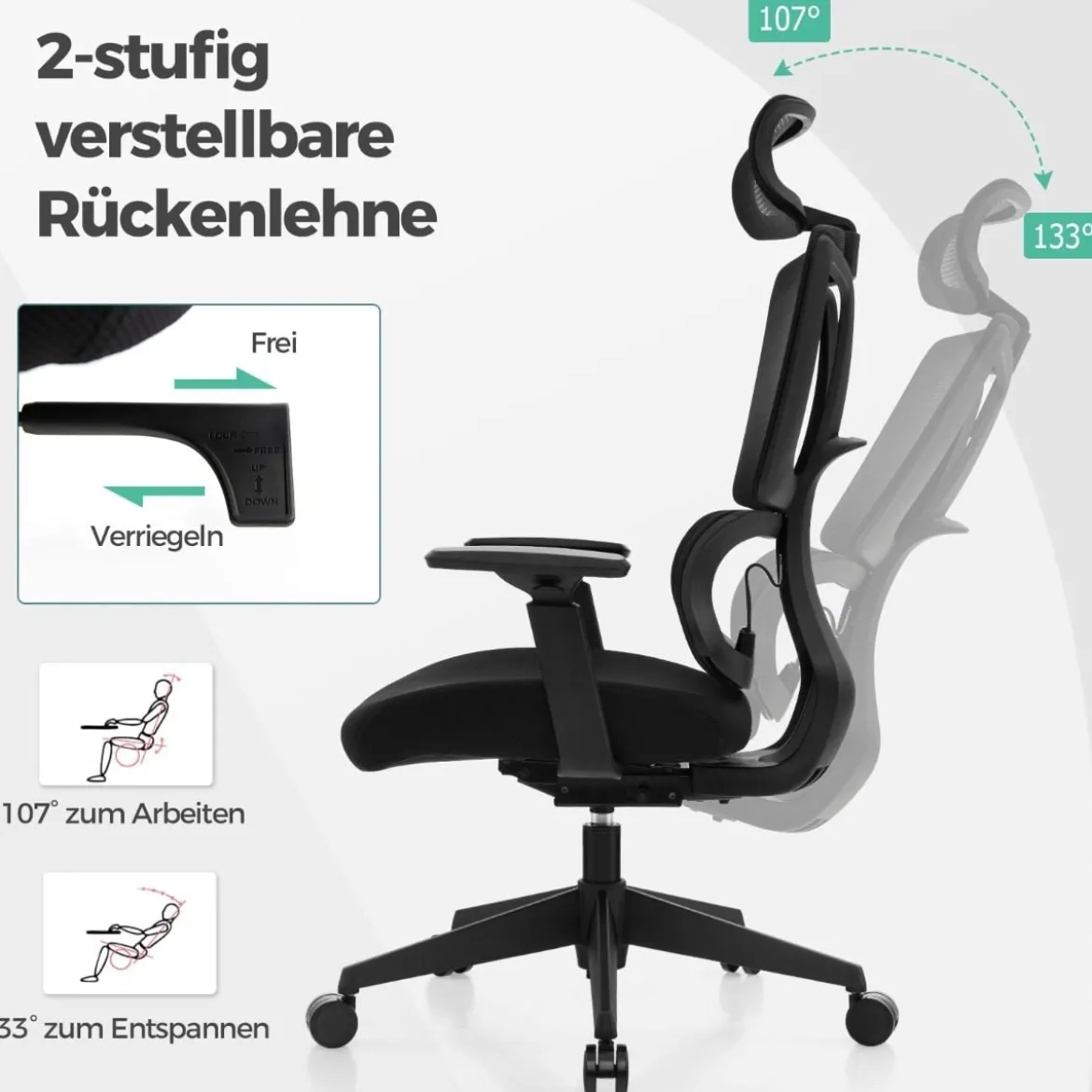 Ergonomischer Bürostuhl mit N-förmiger Lordosenstütze Drehbarer Schreibtischstuhl Schwarz