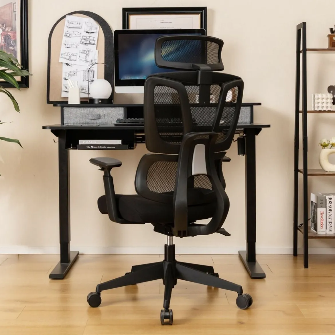 Ergonomischer Bürostuhl mit N-förmiger Lordosenstütze Drehbarer Schreibtischstuhl Schwarz