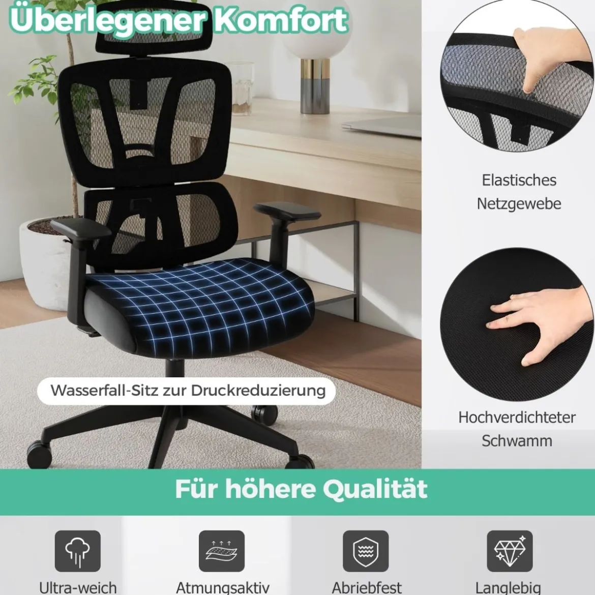 Ergonomischer Bürostuhl mit N-förmiger Lordosenstütze Drehbarer Schreibtischstuhl Schwarz