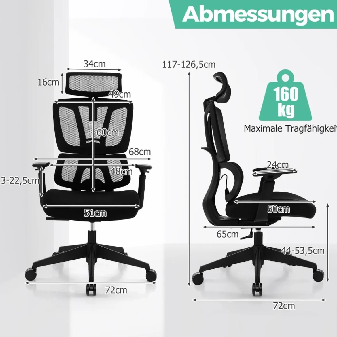 Ergonomischer Bürostuhl mit N-förmiger Lordosenstütze Drehbarer Schreibtischstuhl Schwarz