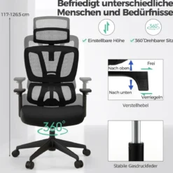 Ergonomischer Bürostuhl mit N-förmiger Lordosenstütze Drehbarer Schreibtischstuhl Schwarz