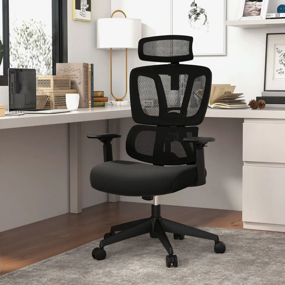 Ergonomischer Bürostuhl mit N-förmiger Lordosenstütze Drehbarer Schreibtischstuhl Schwarz