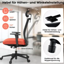 Ergonomischer Bürostuhl mit Rückenlehne & Lendenstütze & komfortabler 3D-Kopfstütze bis 180 kg