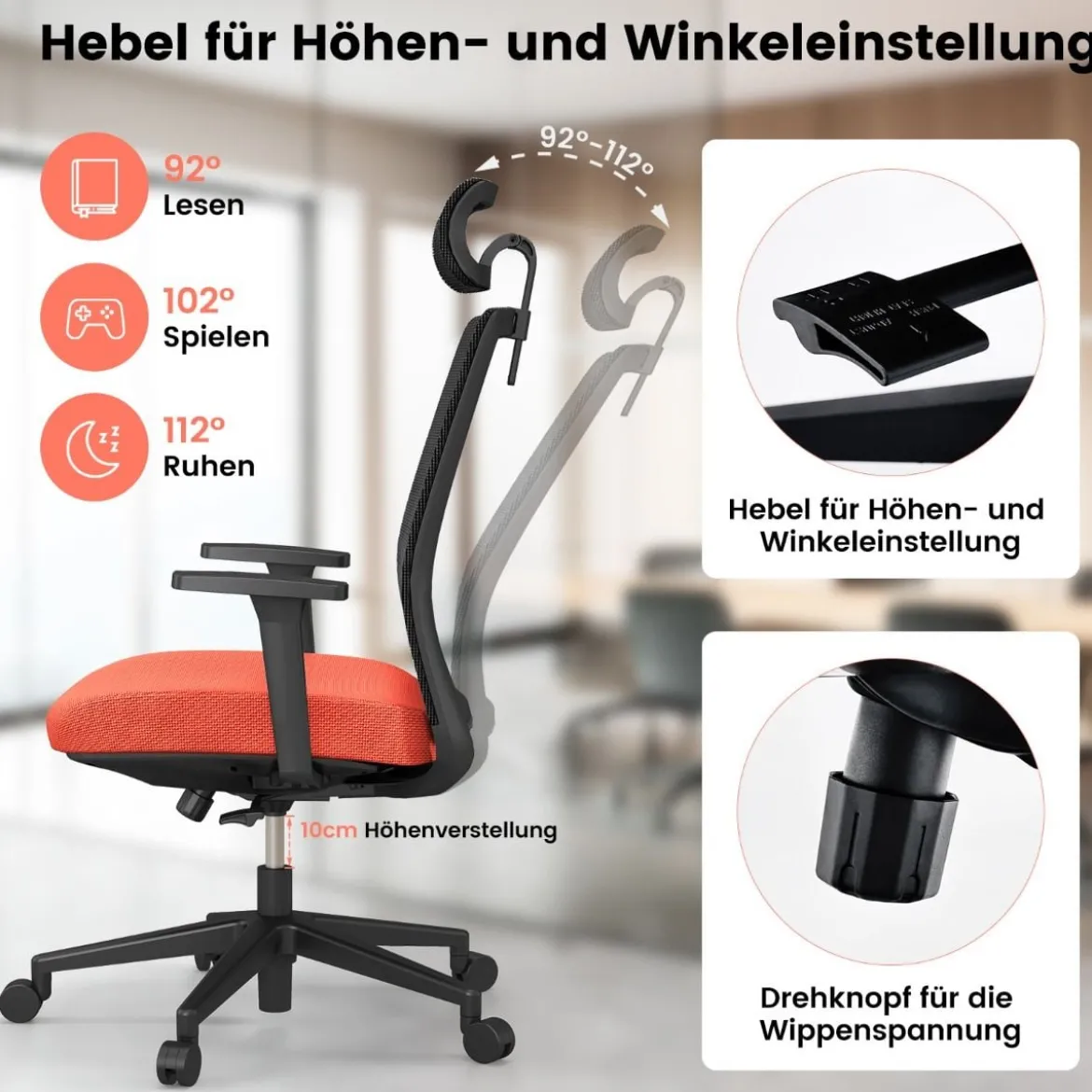 Ergonomischer Bürostuhl mit Rückenlehne & Lendenstütze & komfortabler 3D-Kopfstütze bis 180 kg