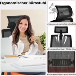 Ergonomischer Bürostuhl mit Rückenlehne & Lendenstütze & komfortabler 3D-Kopfstütze bis 180 kg