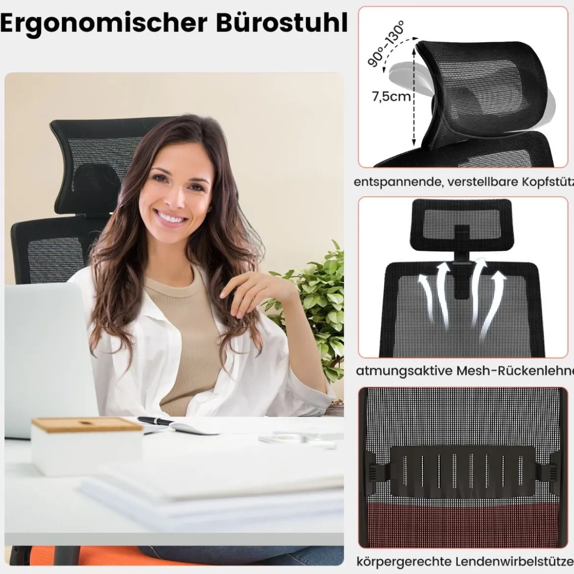 Ergonomischer Bürostuhl mit Rückenlehne & Lendenstütze & komfortabler 3D-Kopfstütze bis 180 kg