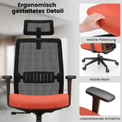 Ergonomischer Bürostuhl mit Rückenlehne & Lendenstütze & komfortabler 3D-Kopfstütze bis 180 kg