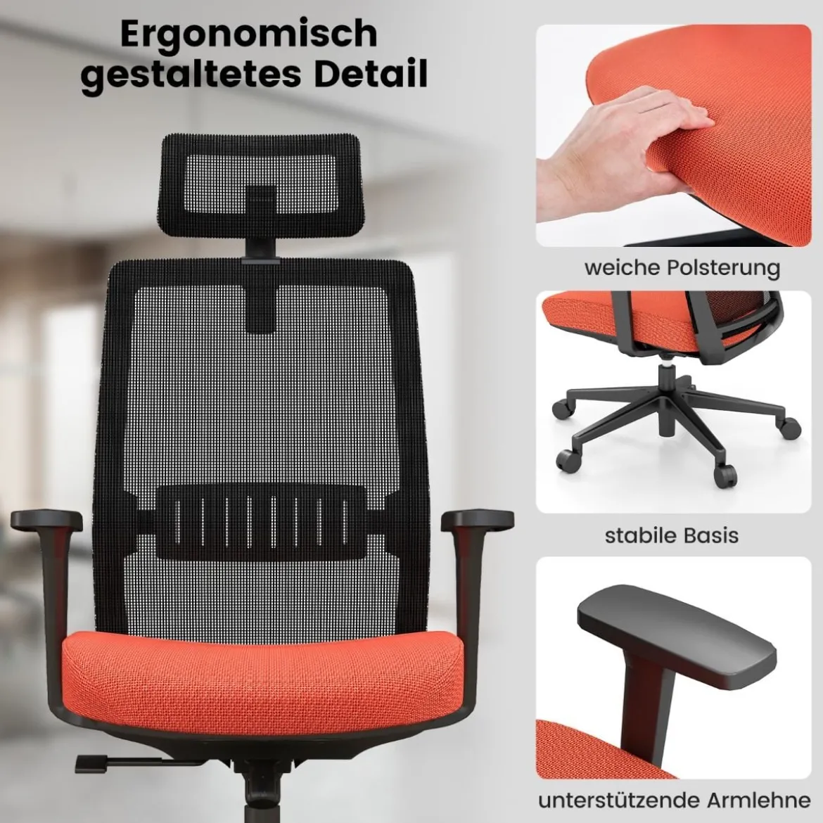 Ergonomischer Bürostuhl mit Rückenlehne & Lendenstütze & komfortabler 3D-Kopfstütze bis 180 kg