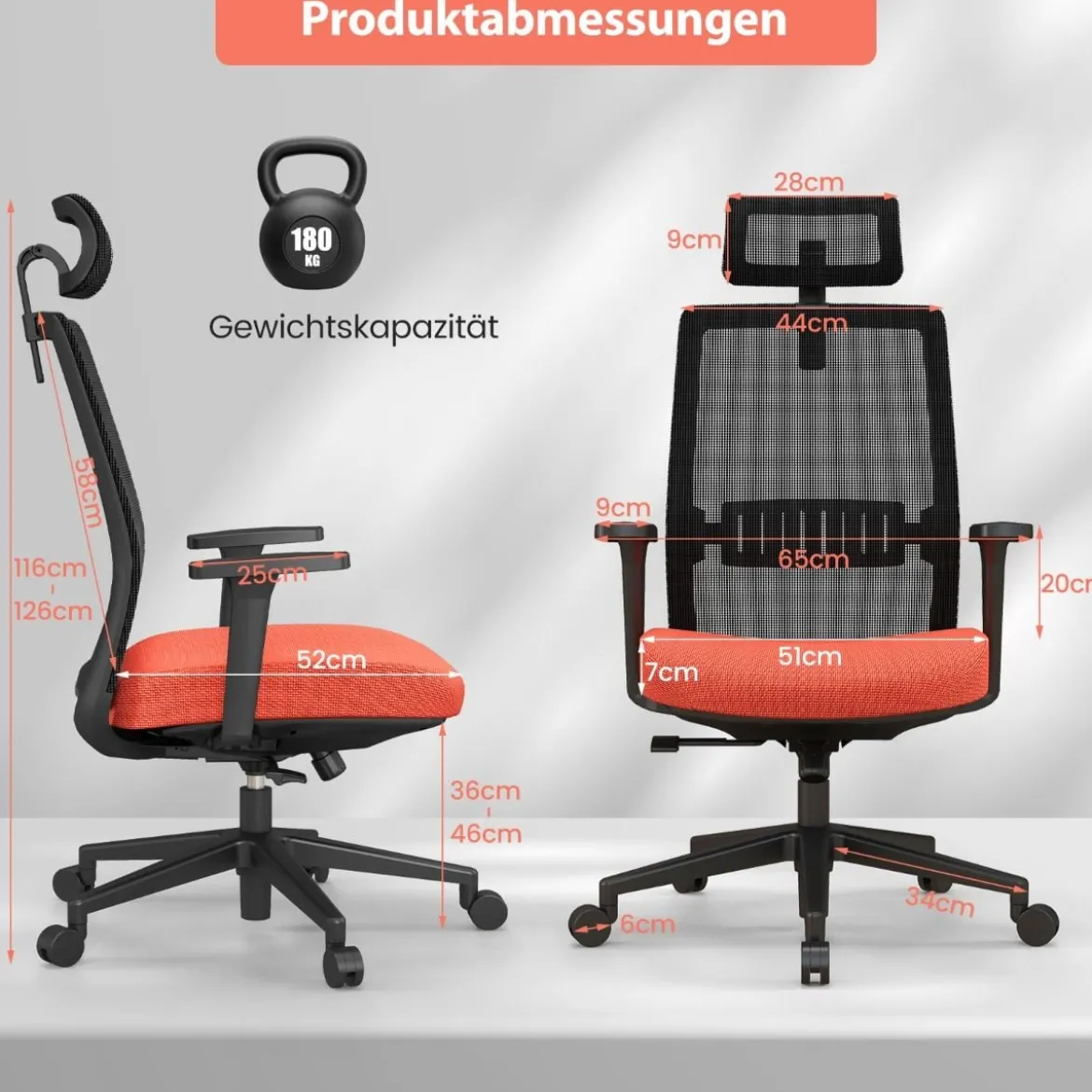 Ergonomischer Bürostuhl mit Rückenlehne & Lendenstütze & komfortabler 3D-Kopfstütze bis 180 kg