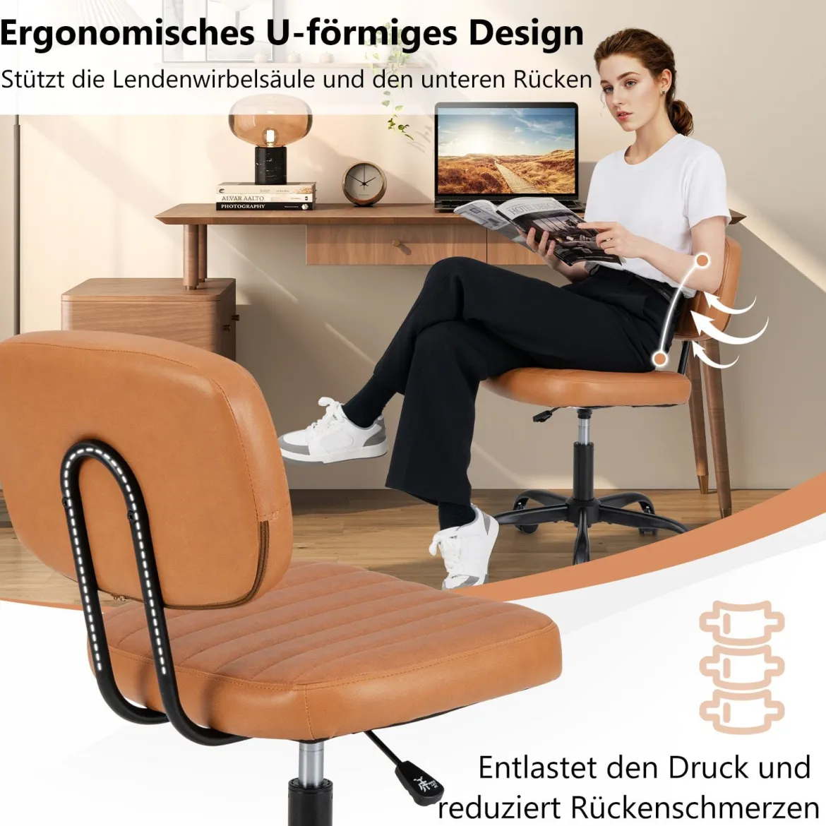Ergonomischer Bürostuhl mit Rollen Armloser Schreibtischstuhl Gepolsterter Drehstuhl Braun