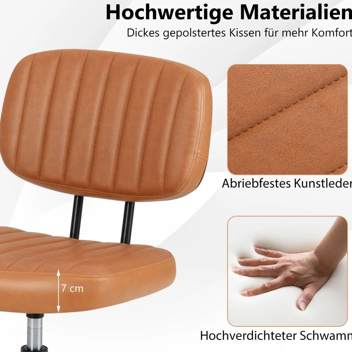 Ergonomischer Bürostuhl mit Rollen Armloser Schreibtischstuhl Gepolsterter Drehstuhl Braun