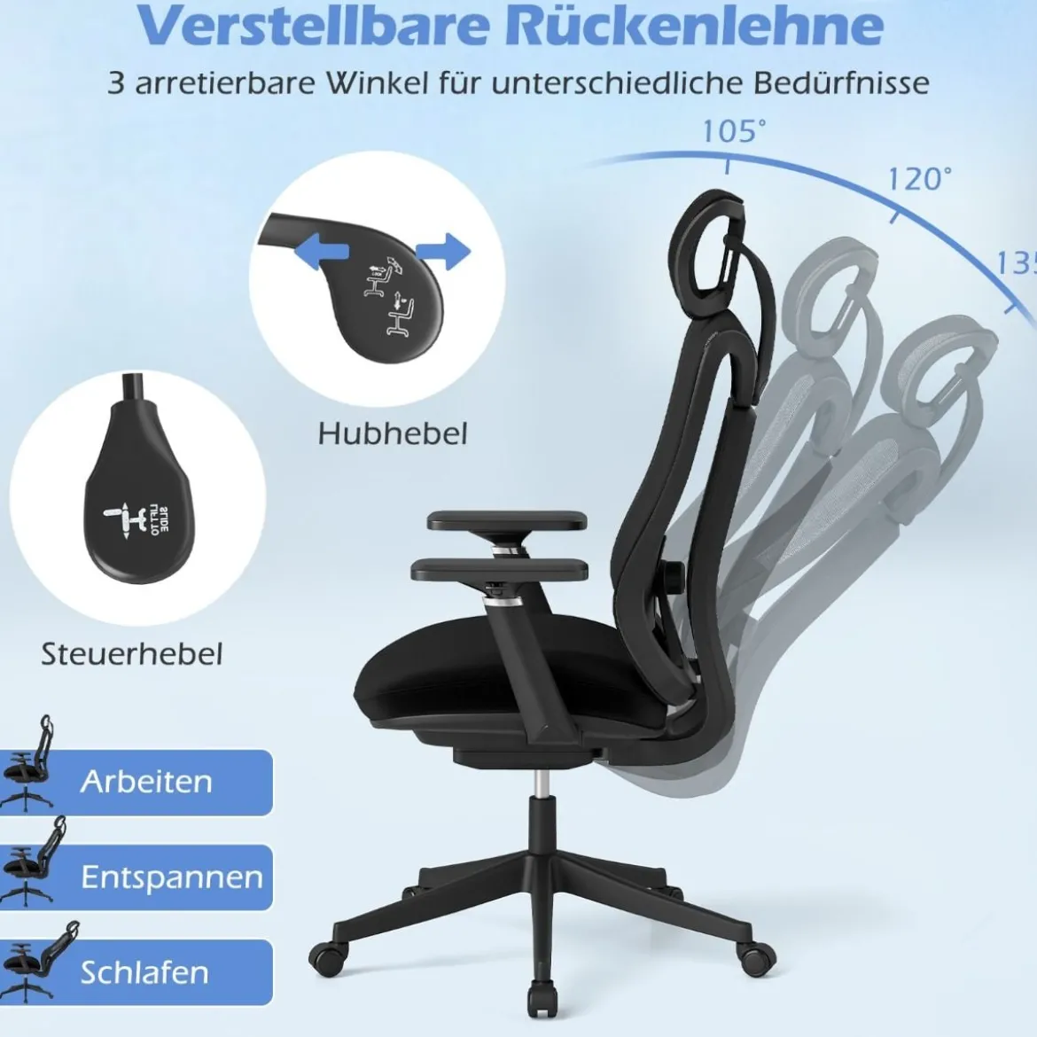 Ergonomischer Bürostuhl mit verstellbarer Lendenstütze & Kopfstütze & 3D-Armlehnen Schwarz