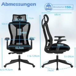 Ergonomischer Bürostuhl mit verstellbarer Lendenstütze & Kopfstütze & 3D-Armlehnen Schwarz