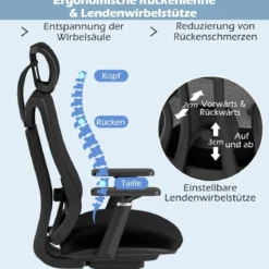 Ergonomischer Bürostuhl mit verstellbarer Lendenstütze & Kopfstütze & 3D-Armlehnen Schwarz