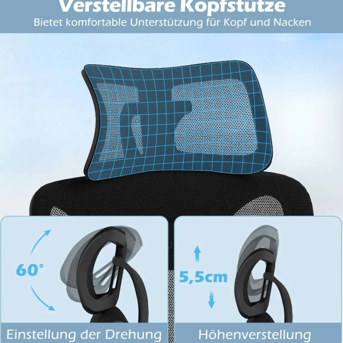 Ergonomischer Bürostuhl mit verstellbarer Lendenstütze & Kopfstütze & 3D-Armlehnen Schwarz