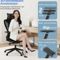 Ergonomischer Bürostuhl mit verstellbarer Lendenstütze & Kopfstütze & 3D-Armlehnen Schwarz