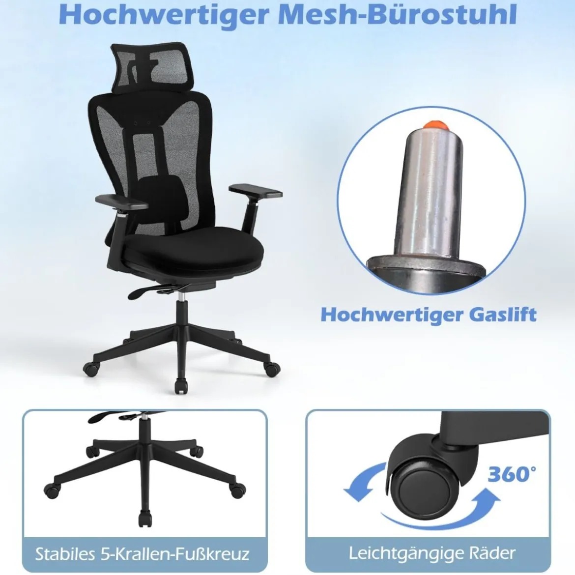 Ergonomischer Bürostuhl mit verstellbarer Lendenstütze & Kopfstütze & 3D-Armlehnen Schwarz