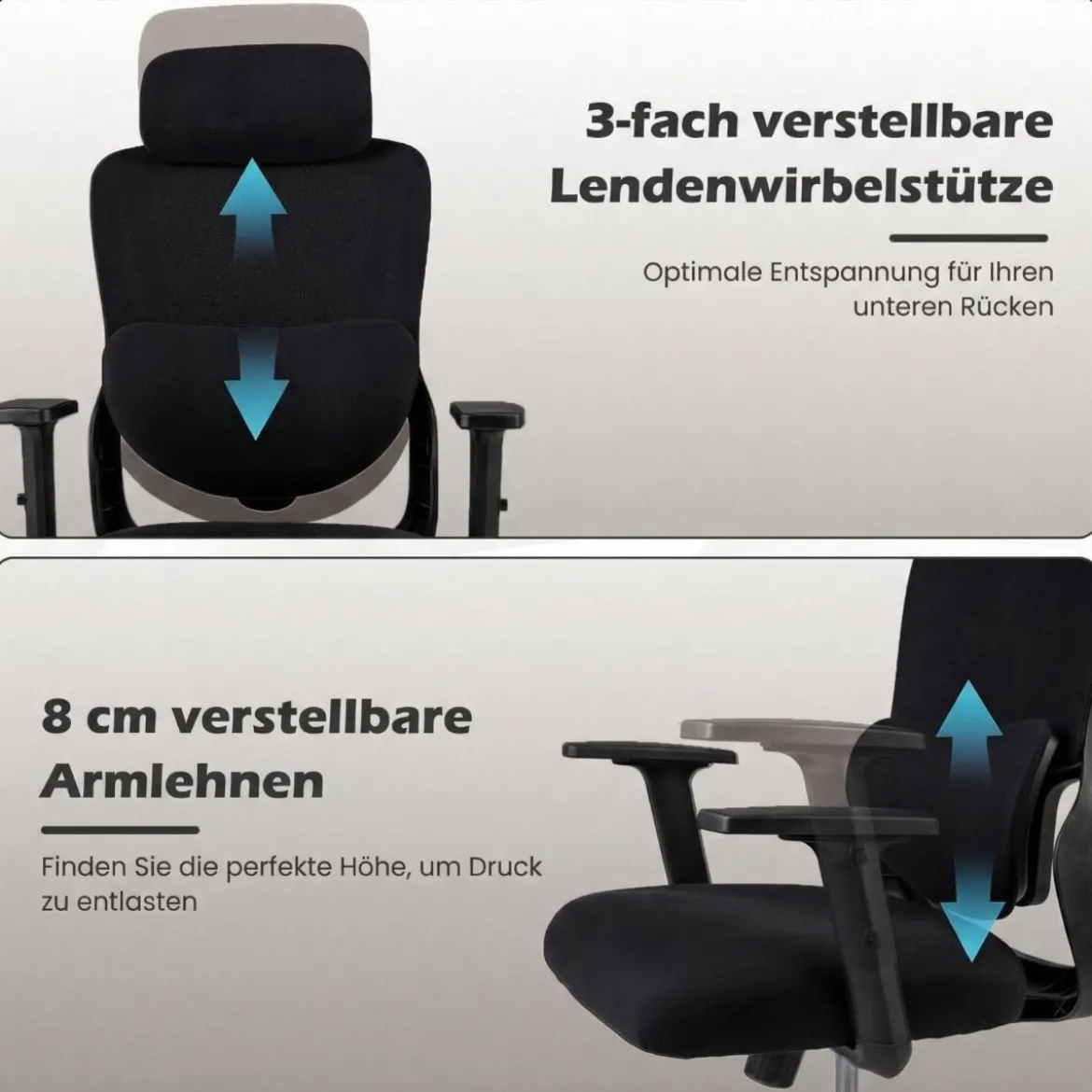Ergonomischer Bürostuhl mit Verstellbarer Kopfstütze & Lendenstütze Schreibtischstuhl Schwarz