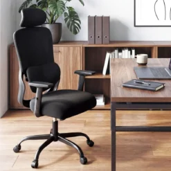 Ergonomischer Bürostuhl mit Verstellbarer Kopfstütze & Lendenstütze Schreibtischstuhl Schwarz