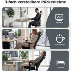Ergonomischer Bürostuhl mit Verstellbarer Kopfstütze & Lendenstütze Schreibtischstuhl Schwarz