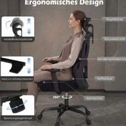 Ergonomischer Bürostuhl mit Verstellbarer Kopfstütze & Lendenstütze Schreibtischstuhl Schwarz