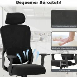 Ergonomischer Bürostuhl mit Verstellbarer Kopfstütze & Lendenstütze Schreibtischstuhl Schwarz
