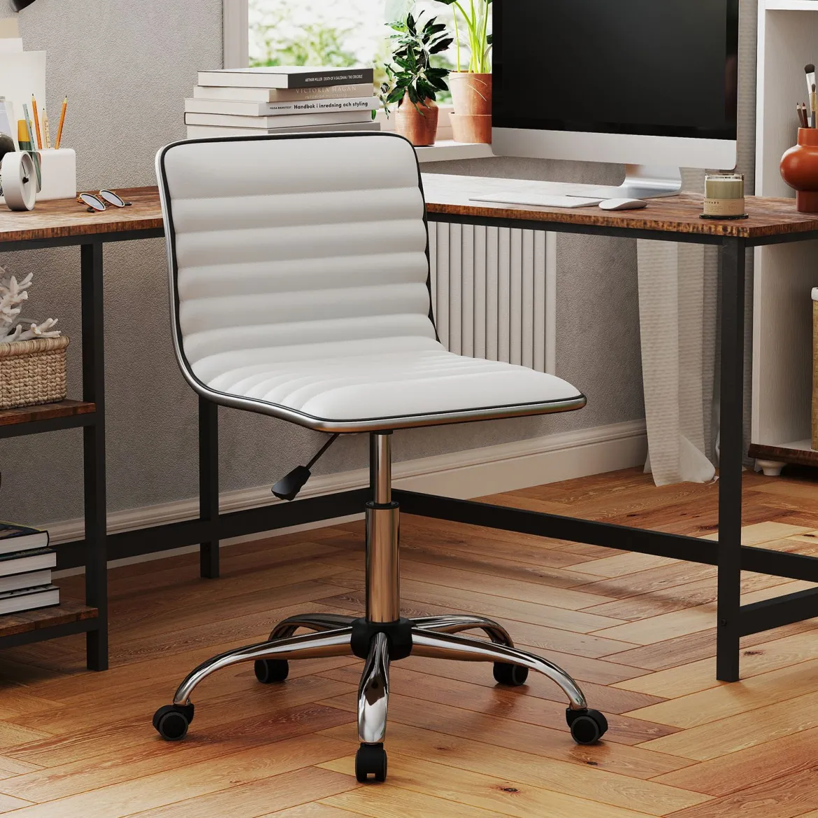 Ergonomischer Bürostuhl ohne Armlehne Gepolsterter Drehstuhl Schreibtischstuhl mit Rollen Weiß