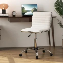 Ergonomischer Bürostuhl ohne Armlehne Gepolsterter Drehstuhl Schreibtischstuhl mit Rollen Weiß