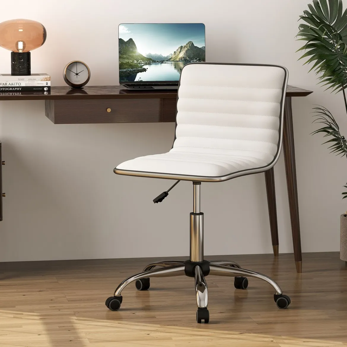 Ergonomischer Bürostuhl ohne Armlehne Gepolsterter Drehstuhl Schreibtischstuhl mit Rollen Weiß
