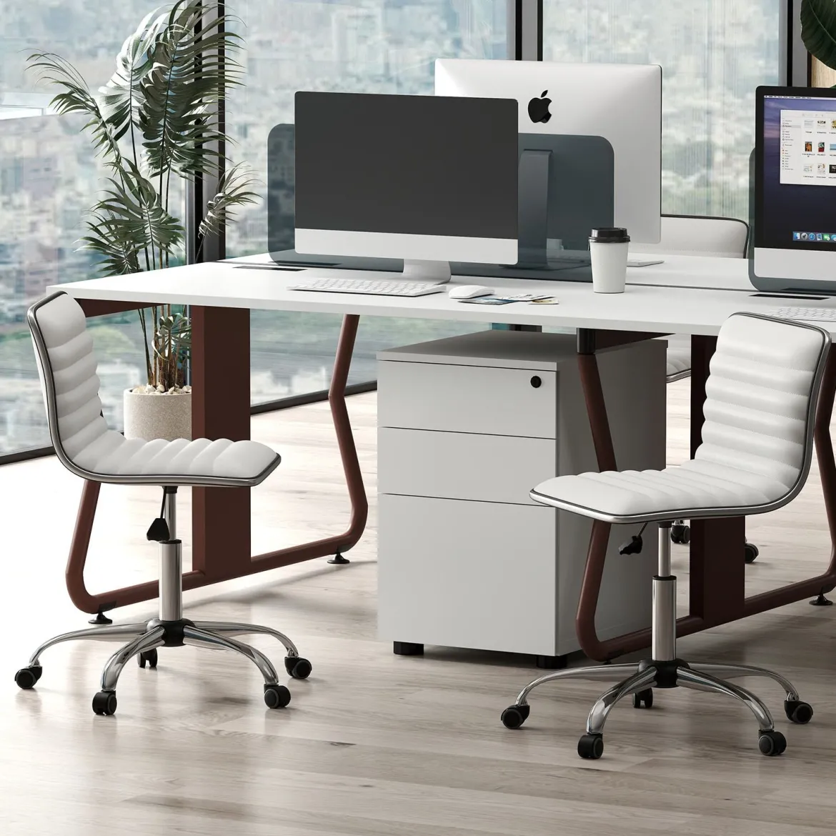 Ergonomischer Bürostuhl ohne Armlehne Gepolsterter Drehstuhl Schreibtischstuhl mit Rollen Weiß