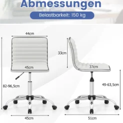 Ergonomischer Bürostuhl ohne Armlehne Gepolsterter Drehstuhl Schreibtischstuhl mit Rollen Weiß