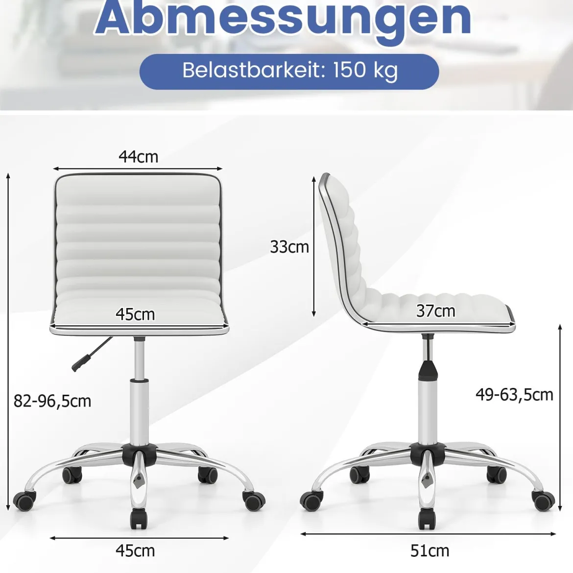 Ergonomischer Bürostuhl ohne Armlehne Gepolsterter Drehstuhl Schreibtischstuhl mit Rollen Weiß