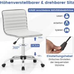 Ergonomischer Bürostuhl ohne Armlehne Gepolsterter Drehstuhl Schreibtischstuhl mit Rollen Weiß