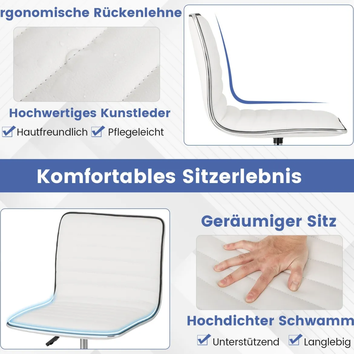 Ergonomischer Bürostuhl ohne Armlehne Gepolsterter Drehstuhl Schreibtischstuhl mit Rollen Weiß