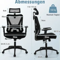 Ergonomischer Bürostuhl Schreibtischstuhl mit Verstellbarer Lordosenstütze 69 x 63 x 110–119 cm Schwarz