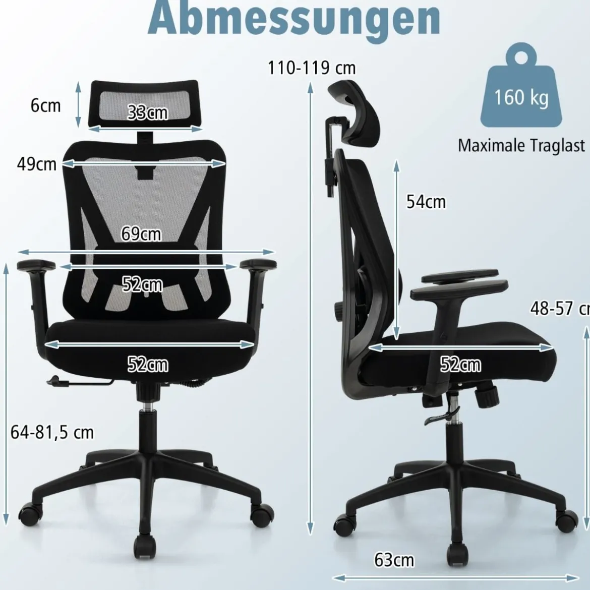 Ergonomischer Bürostuhl Schreibtischstuhl mit Verstellbarer Lordosenstütze 69 x 63 x 110–119 cm Schwarz