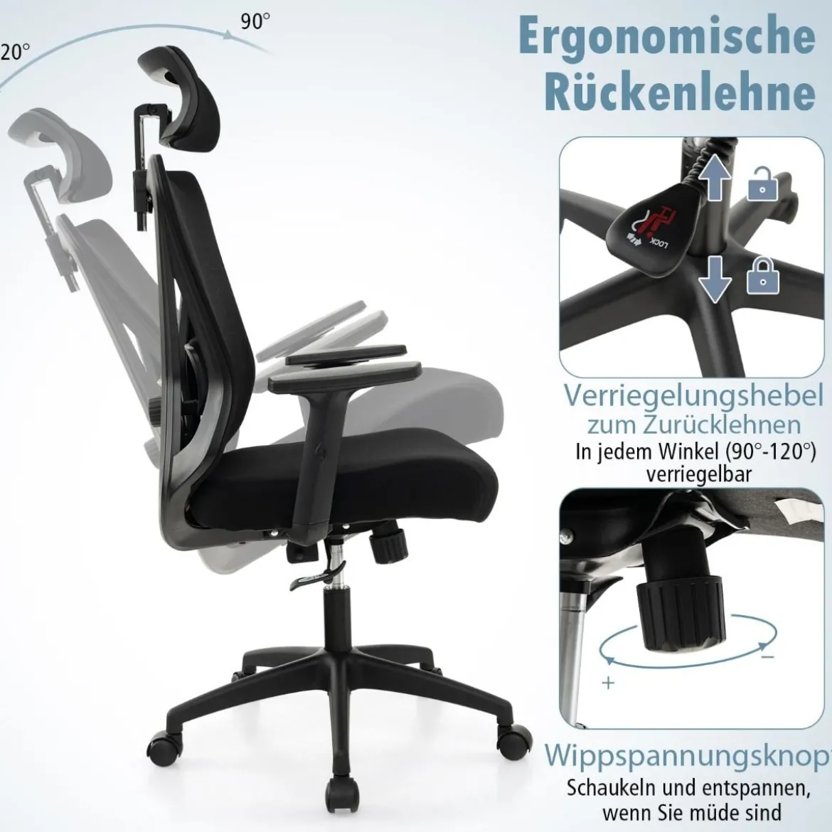 Ergonomischer Bürostuhl Schreibtischstuhl mit Verstellbarer Lordosenstütze 69 x 63 x 110–119 cm Schwarz