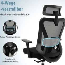 Ergonomischer Bürostuhl Schreibtischstuhl mit Verstellbarer Lordosenstütze 69 x 63 x 110–119 cm Schwarz