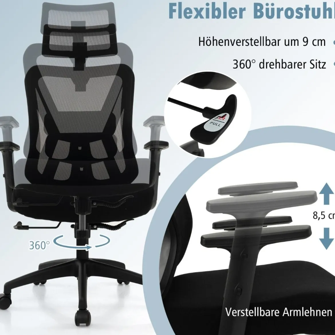 Ergonomischer Bürostuhl Schreibtischstuhl mit Verstellbarer Lordosenstütze 69 x 63 x 110–119 cm Schwarz