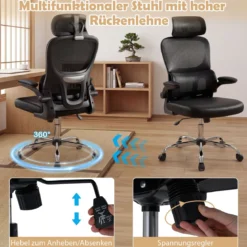 Ergonomischer Bürostuhl Schreibtischstuhl mit Lendenstütze Verstellbare Kopfstütze Schwarz