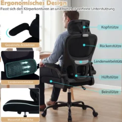 Ergonomischer Bürostuhl Schreibtischstuhl mit Lendenstütze Verstellbare Kopfstütze Schwarz