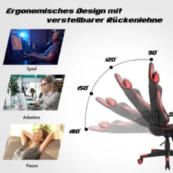 Ergonomischer Gaming Stuhl mit Hoher Rückenlehne & Kopfstütze & Lendenwirbelstütze Rot