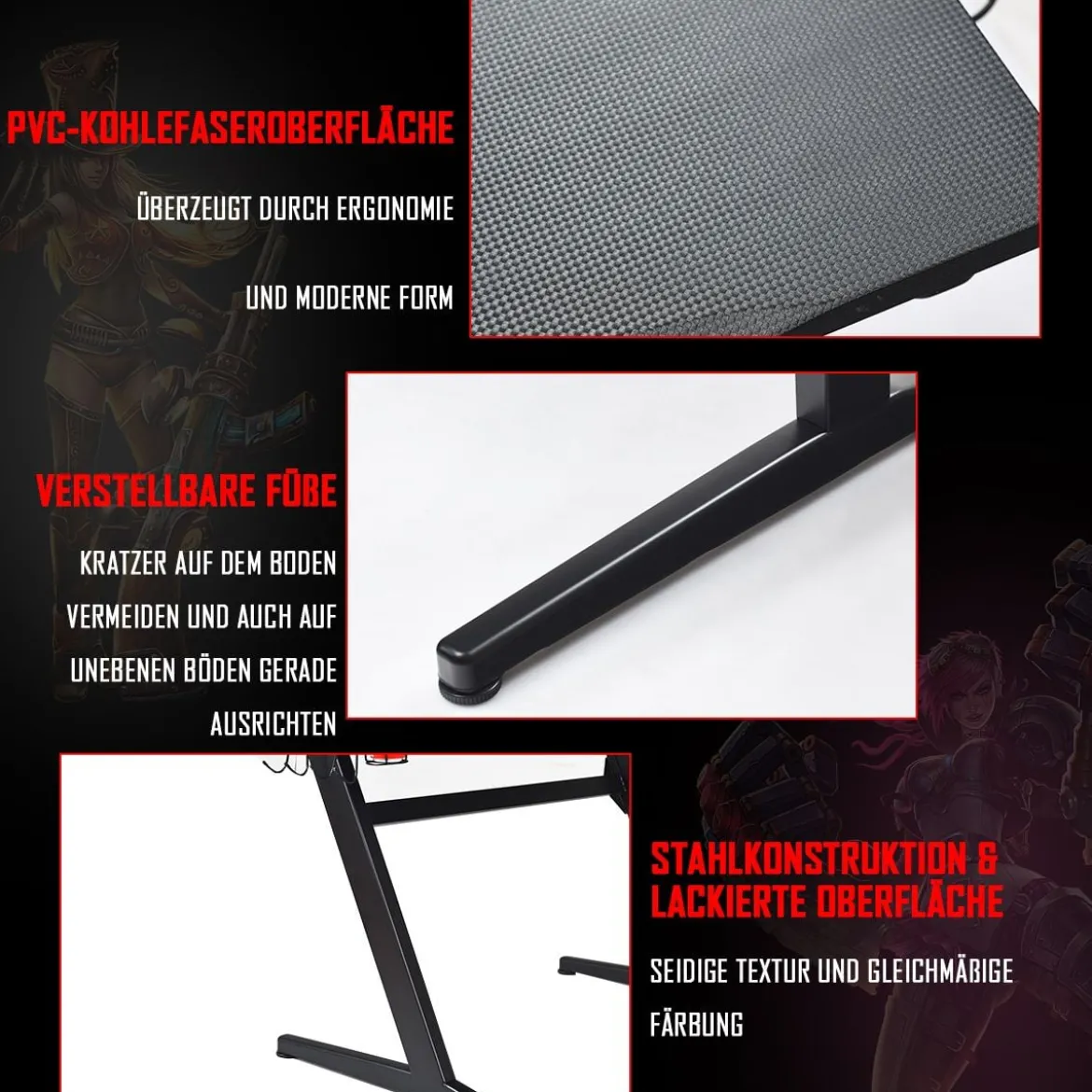 Ergonomischer Gaming Tisch Gaming Desk Computertisch mit Getränkehalter Schwarz 115 x 60 x 76 cm