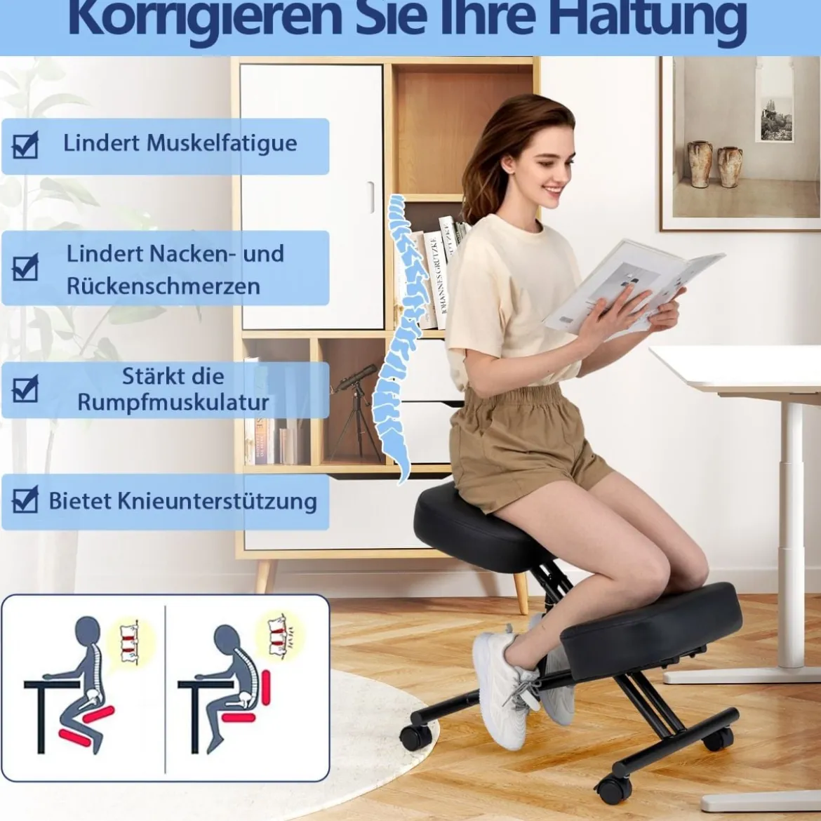 Ergonomischer Kniehocker mit Schrägem Sitz zur Schmerzlinderung Orthopädischer Bürostuhl