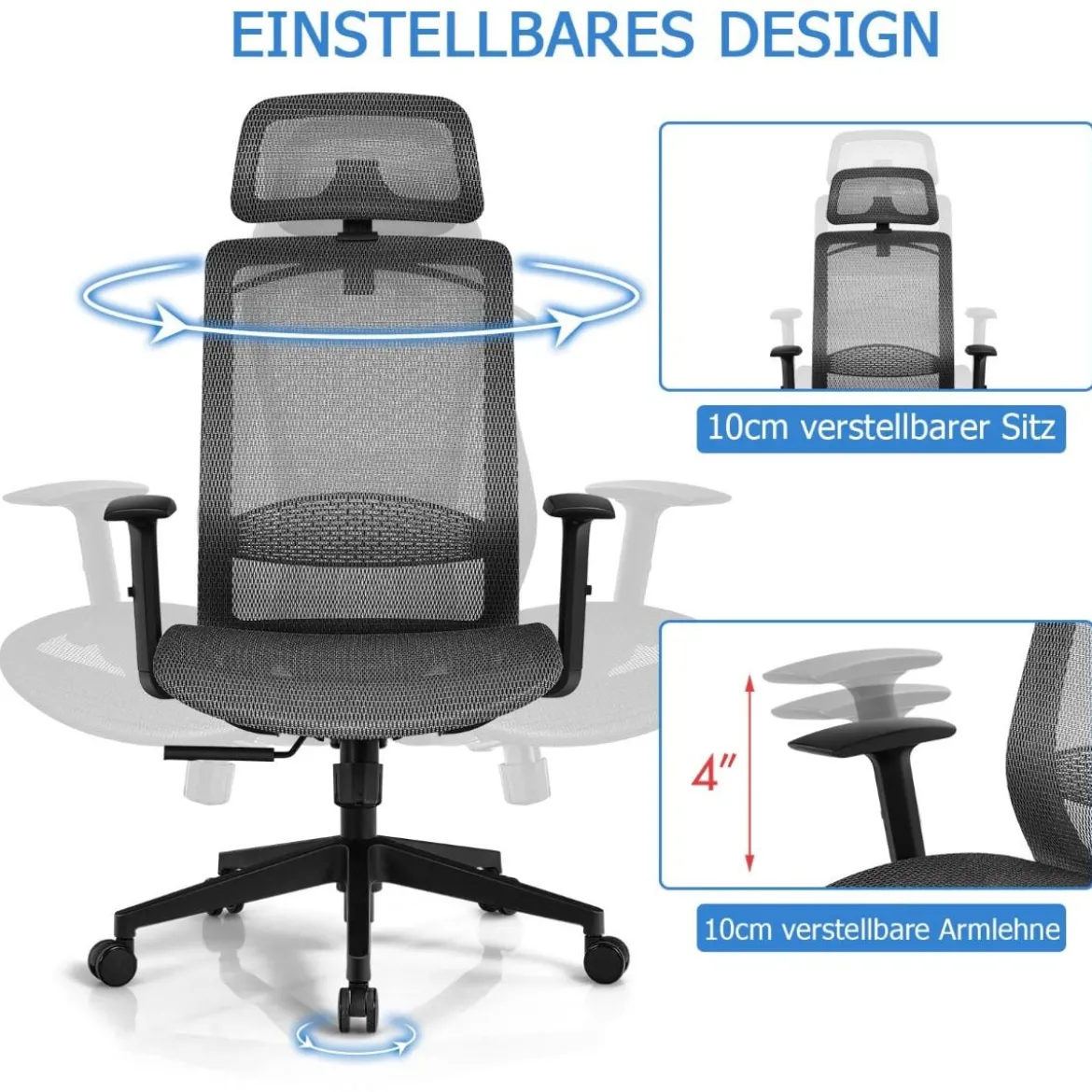 Ergonomischer Netz-Bürostuhl Computerstuhl Drehstuhl auf Rollen 68 x 68 x 114,5-124,5 cm Grau