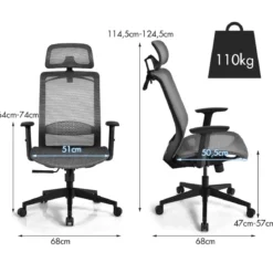 Ergonomischer Netz-Bürostuhl Computerstuhl Drehstuhl auf Rollen 68 x 68 x 114,5-124,5 cm Grau