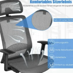 Ergonomischer Netz-Bürostuhl Computerstuhl Drehstuhl auf Rollen 68 x 68 x 114,5-124,5 cm Grau