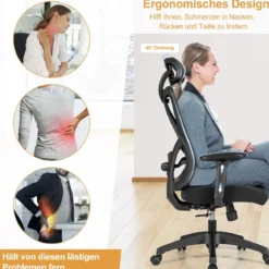 Ergonomischer Verstellbarer Drehstuhl Chefsessel mit Hoher Rückenlehne Schwarz