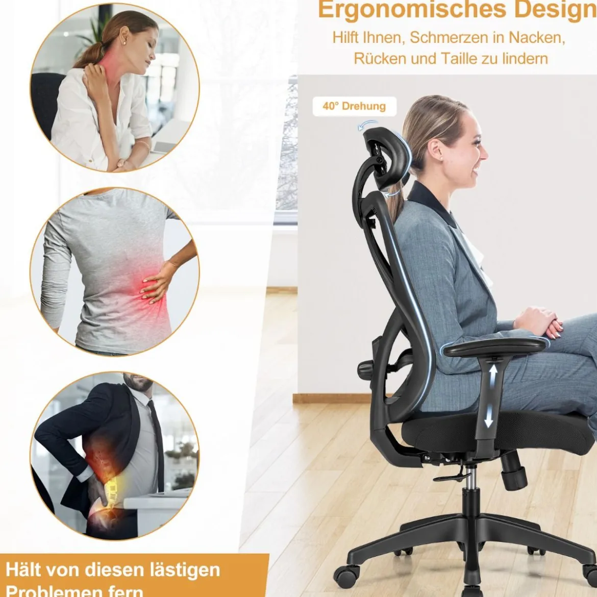 Ergonomischer Verstellbarer Drehstuhl Chefsessel mit Hoher Rückenlehne Schwarz