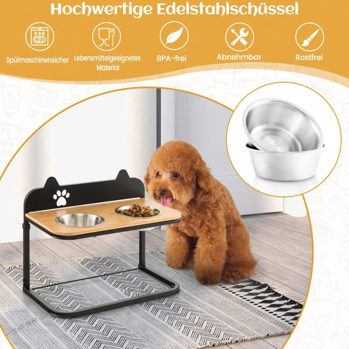 Erhöhte Fressnäpfe mit 2 Futter & Wassernäpfen aus Edelstahl & Marker 3-fach höhenverstellbare Schwarz